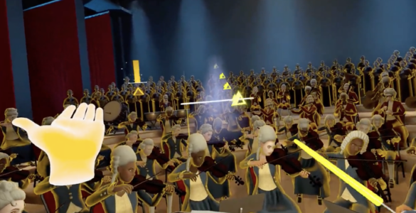 Screenshot of the game Maestro showing a VR game of the user as an orchestral conductor