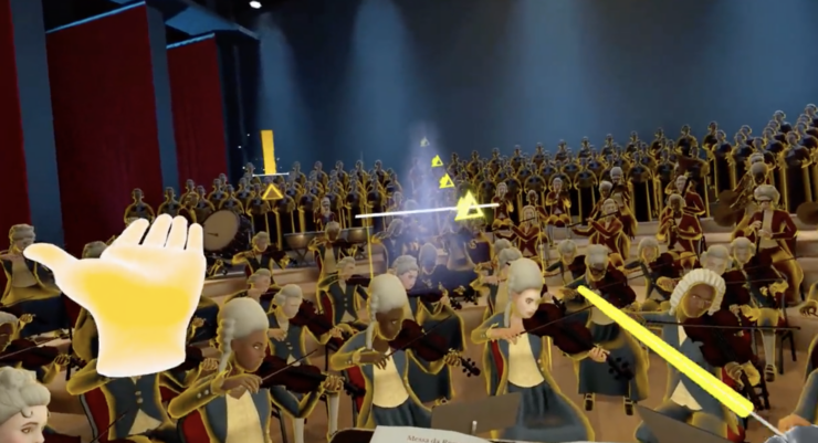 Screenshot of the game Maestro showing a VR game of the user as an orchestral conductor